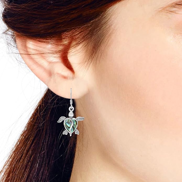 AeraVida Love Life Sea Ocean Turtle Heart Abalone Shell Sterling Silver Dangle Earrings | Elegant Ocean-Inspired Turtle Earrings for Women | Sterling Silver and Abalone Shell Jewelry