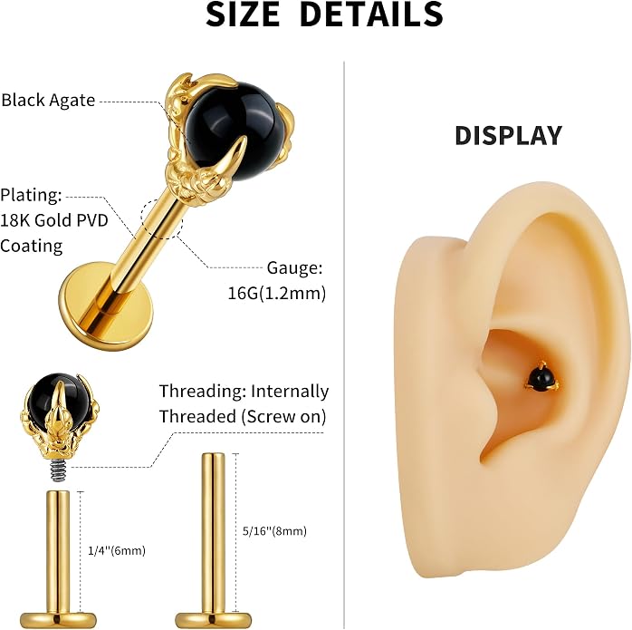 FINE4U 16G ASTM F136 Titanium Dragon Claw Piercing Jewelry Stud with 6mm 8mm post for Conch Helix Tragus Flat, Hypoallergenic Internally Threaded