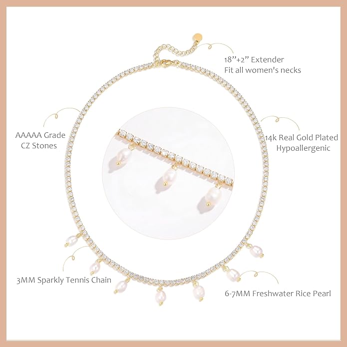 Natural Freshwater Baroque Pearl Necklace 14K Gold Plated Dainty Choker Necklace for Women Girls Snake Chain/Cuban Link/Paperclip/Ball Beaded Chain/Tennis Chain Fashion Jewelry for Gift
