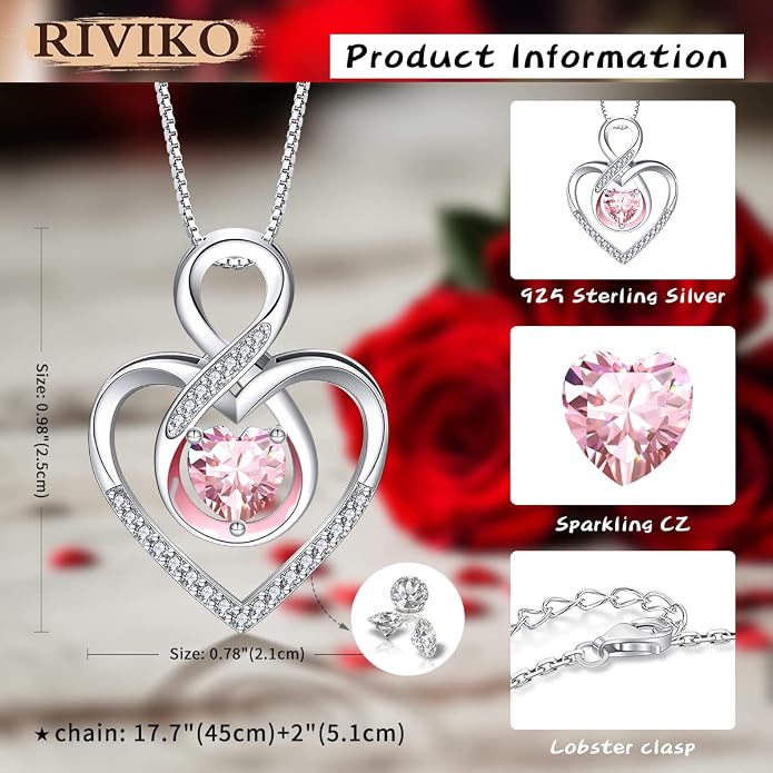 RIVIKO Infinity Heart Symbol Necklace for Women 925 Sterling Silver Love Heart Pendant Mothers Day Anniversary Birthday Christmas Jewelry Gifts for Women Mom Wife Sister Her Friends