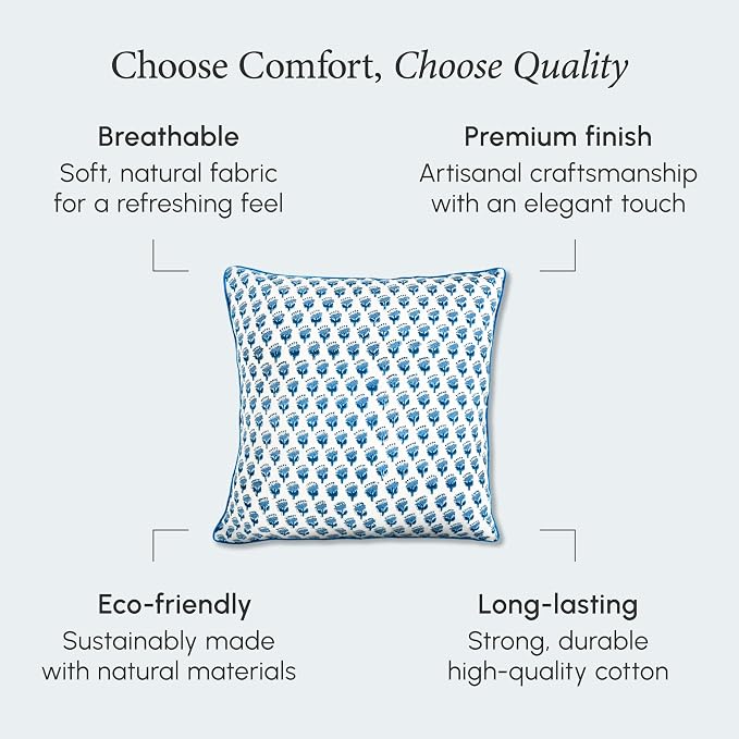 CPC 100% Cotton Throw Pillow Covers 18x18 Inch, Set of 2 Blue Block Print Pattern Couch Pillow, Cute Boho Decorative Pillows for Living Room, Bedroom with Hidden Zipper- Apatite Blue