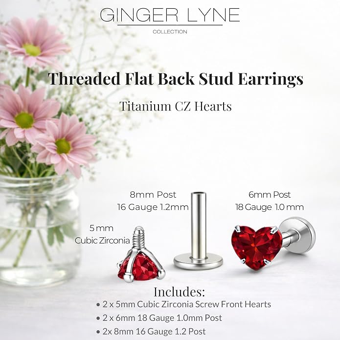 Titanium Heart CZ Labret Stud Earrings for Piercings by Ginger Lyne 6Pc Set G23 Screw Front Flat Back Body Jewelry 2 pair post 6mm, 8mm Cartilage, Helix, Tragus, Lip, Conch, Lobe