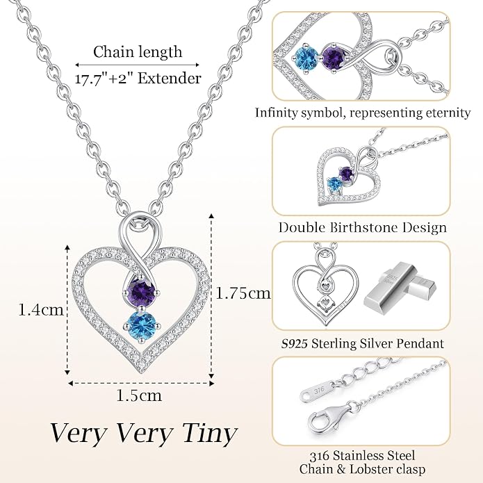 LOUISA SECRET Double Birthstone Necklaces for Women, 925 Sterling Silver Infinity Love Heart Pendant Necklace for Her, Birthday Anniversary Valentine's Day, Christmas, Wedding, Graduation Gift for Her, Personalized Gifts, Jewelry Gifts for Wife Mom Gir...