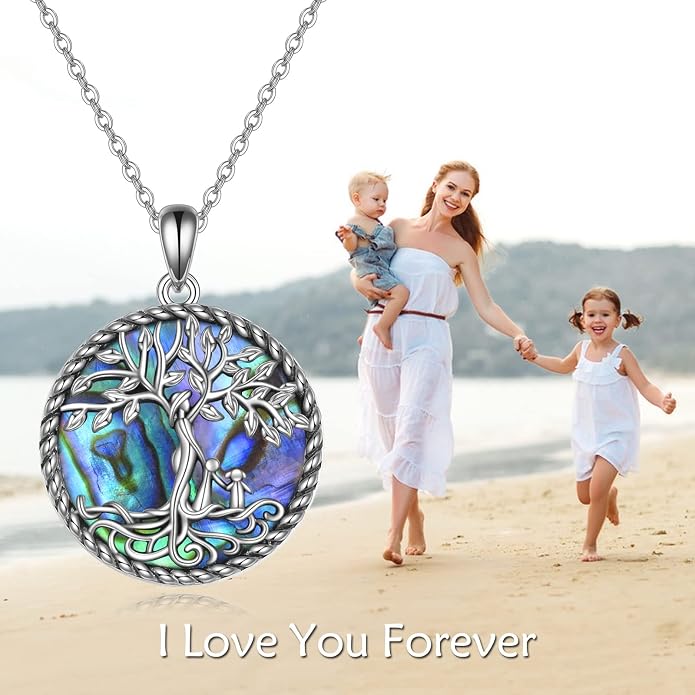 ONEFINITY Tree of Life Necklace for Women Sterling Silver Abalone Shell Crystal Tree of Life Pendant Necklace Family Tree Jewelry for Mom Daughter Sister Girls Christmas Gifts