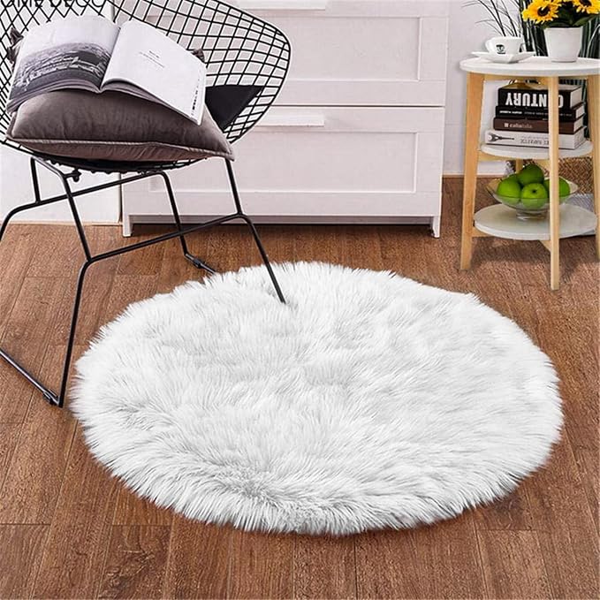 Goolela White Round Rug 3ft Fluffy Faux Sheepskin Fur Rug Small Circle Fuzzy Furry Rug for Bedroom Dorm Bedside Plush Washable Carpet