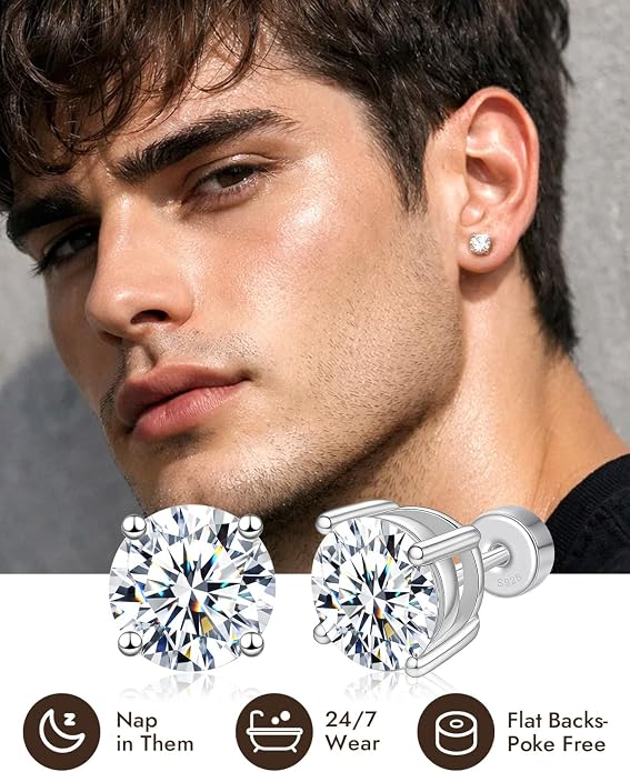 Flat Back Moissanite Stud Earrings for Women Men, 0.2ct-2ct Poke-Free Flatback Comfortable for Sleep, Solid 925 Sterling Silver White Gold Plated Diamond Jewelry Gifts for Him Her Hypoallergenic