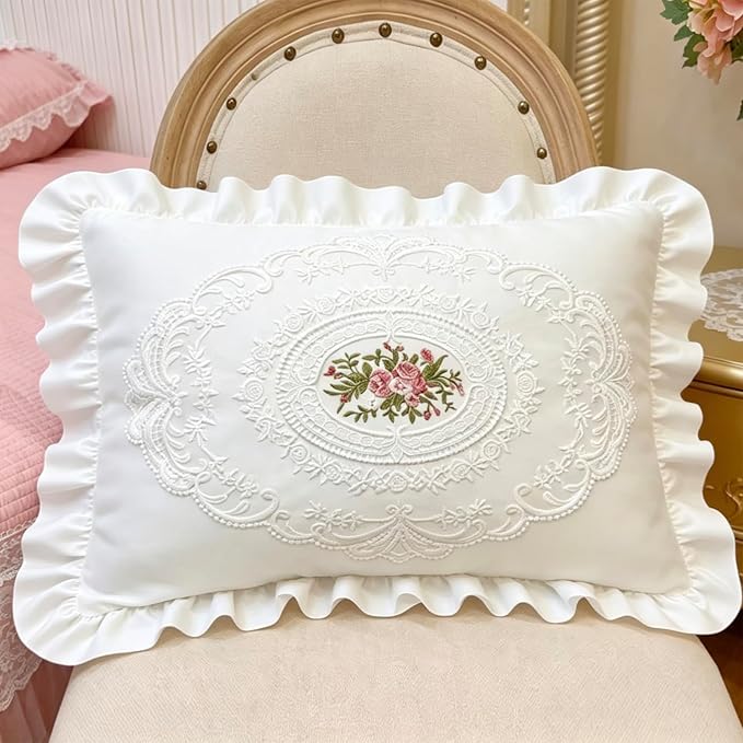 12x20 Pillow Covers, White Lace Square Cushion Cover 100% Cotton Throw Pillow Cover Pillowcase Set of 2, Decorative Cushion case,Handmade Pillowcase with Ruffles