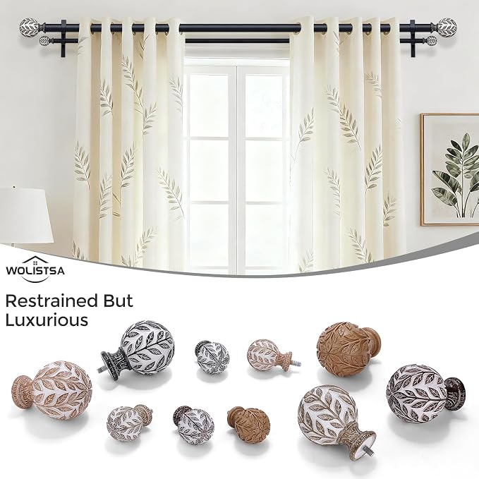 Boho Decorative Double Curtain Rod, 36-184 Inch, Matte Black | Handmade Leaf Finials, Heavy Duty Adjustable Exrta Long Rustic Metal Dual Layer Curtain Rods, 40 lb Capacity, Easy to Install