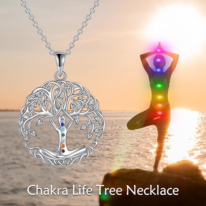 YAFEINI Chakra Necklace 925 Sterling Silver Angel/Tree of Life/Lotus/Dragonfly Neckalce Healing Crystal Pendant Neckalce Chakra Jewelry Gift for Women