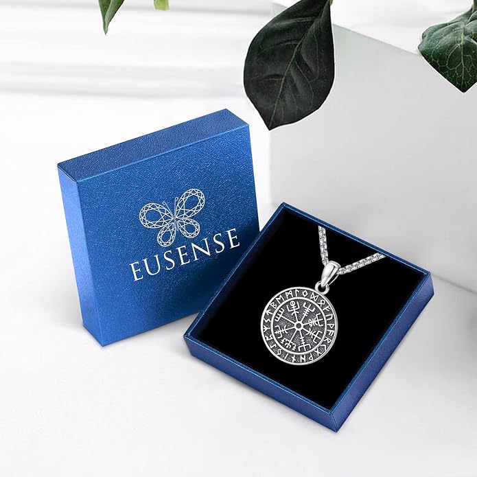 Eusense Viking Jewelry for Men Women Sterling Silver 925 Mjolnir Thors Hammer Pendant Celtic Cross Necklace Wolf Odin Raven Freya Goddess Norse Pagan Compass Vegvisir Yggdrasil Nordic Viking Necklaces Gifts