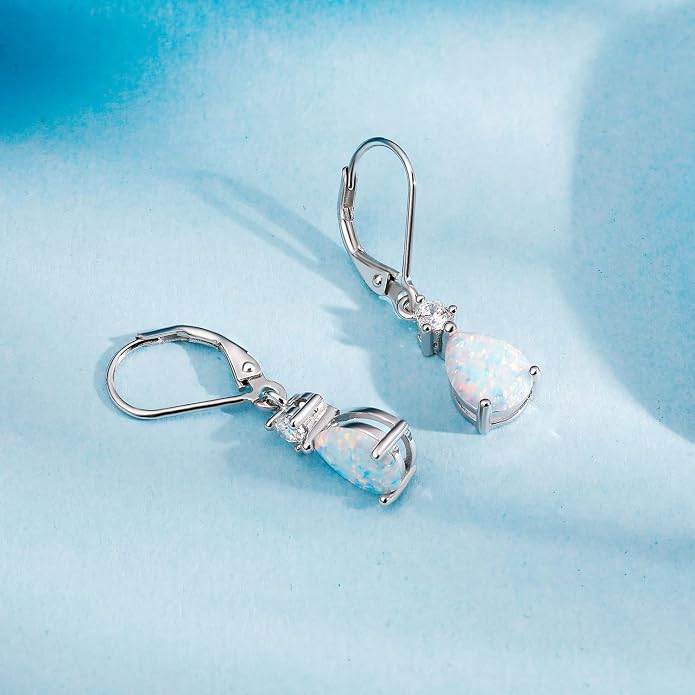 925 Sterling Silver Blue Topaz/Amethyst/Rainbow Quartz CZ Teardrop Leverback Earrings Drop Dangly Gemstone Earings Hypoallergenic Birthday Jewelry Gifts for Women