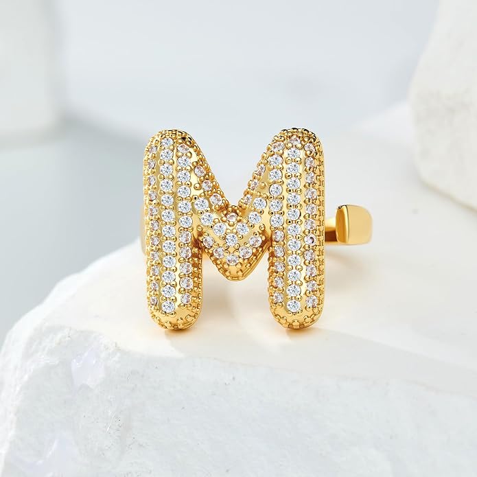 Cicy Bell Initial Rings for Women 14k Gold Plated Cubic Zirconia Delicate Letter Chunky Statement Open Rings Gifts for Her