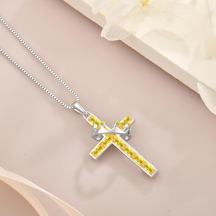 Gemstone Crown Cross Necklaces for Women, 925 Sterling Silver Rectangular cut Zircon Pendant With Rotated Crown Faith Cross Jewelry Gift