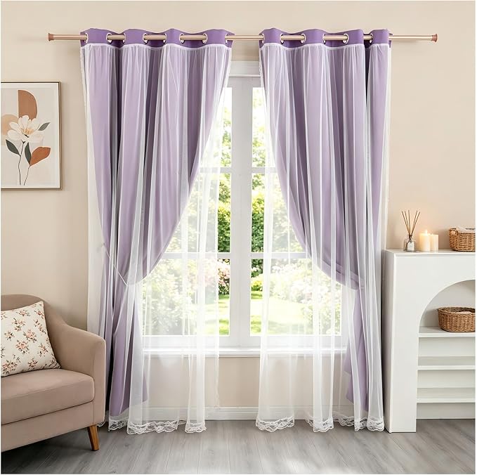 2 Panels Purple Blackout Curtains 52x84 Inches- Double Layer Lace Grommet for Bedroom, Nursery, Kids Room