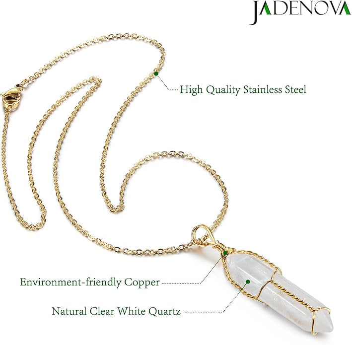JADENOVA Full Wire Wrapped Energy Healing Crystal Gemstone Pendant Necklace 18" Stainless Steel Chain