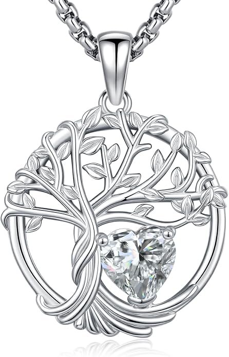 Birthstone Tree of Life Necklace for Women Heart Crystal Pendant Silver Plated Birthday Anniversary Jewelry for Wife, Mom, and Her