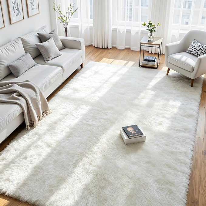 8x10 Area Rug for Living Room, Ultra Soft Fluffy White Rugs for Bedroom, Non Slip Large Shag Carpet, Fuzzy Plush Nursery Rug, Thick Washable Indoor Floor Carpets for Kids Office Dorm Home Decor