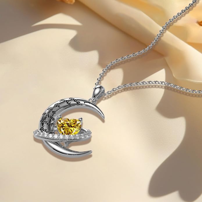 Distance I Love You to The Moon and Back Necklace for Women, S925 Sterling Silver Forever Love Heart Birthstone Necklace, Anniversary Birthday Jewelry for Wife Lover