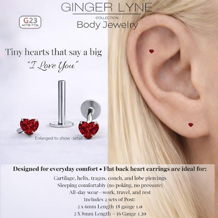 Titanium Heart CZ Labret Stud Earrings for Piercings by Ginger Lyne 6Pc Set G23 Screw Front Flat Back Body Jewelry 2 pair post 6mm, 8mm Cartilage, Helix, Tragus, Lip, Conch, Lobe