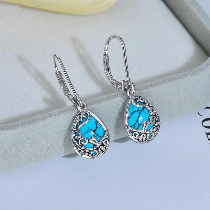 Real 925 Sterling Silver Trendy Dangle Earrings for Women | White Gold Plated | Hypoallergenic Turquoise/Black Onyx/Opal Filigree Jewelry Lightweight Celtic Lover Knot Leverback Earrings Gifts