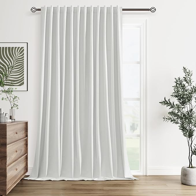 Guken 100% Blackout Extra Wide 100 Inch Linen Silding Door Curtains 90 Inches Long for Bedroom Back Tab Modern Noise Reduction Black Out Window Drapes Room Divider Curtain, 1 Panel, White, 100x90