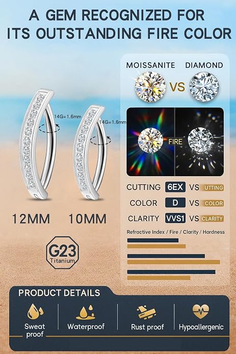 VOJO Moissanite Clicker Belly Button Ring, Titanium 2 Pcs 10&12mm Reverse Curved Hoop Navel Barbell Piercing Jewelry