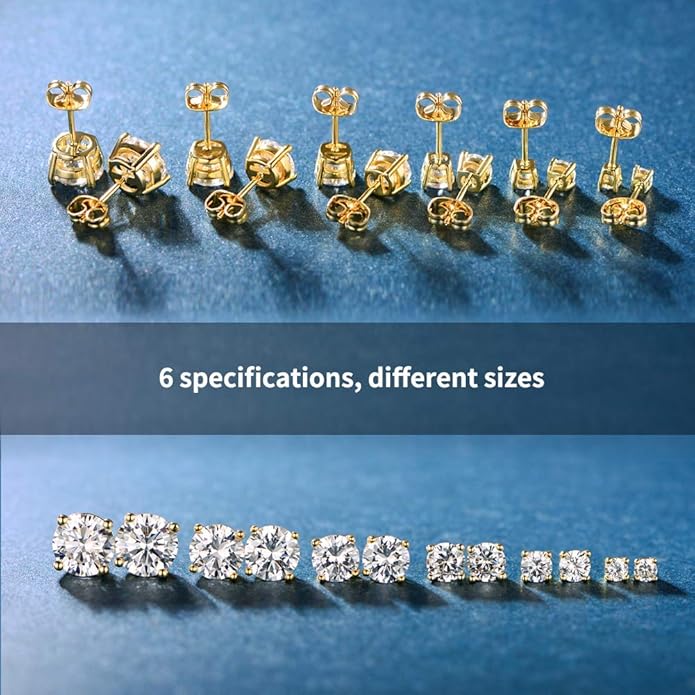 6 Pairs 14K Yellow Gold Plated Round Cut Clear Cubic Zirconia Stud Earring Pack