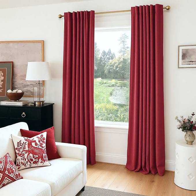 INOVADAY 100% Blackout Curtains 96 Inches Length 2 Panels Set, Back Tab/Rod Pocket Linen Black Out Curtains for Bedroom, Thermal Insulated Window Drapes - Ruby Red, W50 X L96