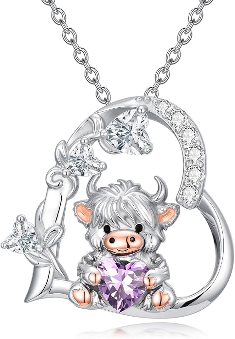 PELOVNY Teddy Bear Necklace for Women 925 Sterling Silver Bear/Highland Cow/Fox/Cat/Axolotl Birthstone Necklace Christmas Birthday Jewelry Gifts for Mom Daughter Wife Sister