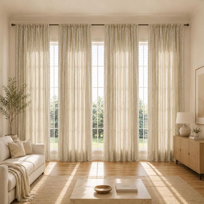 ColorBird Boho Curtains Linen-Textured for Living Room Bedroom Light Filtering 84 Inches Natural Brown Farmhouse Curtains & Drapes Embroidered Striped for Dining Closet Dooraway Window Treatment