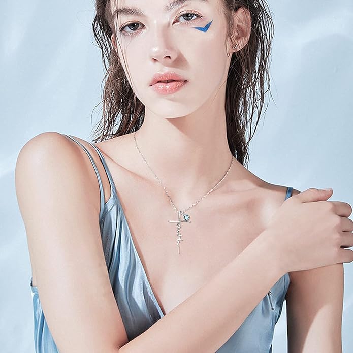 PRAYMOS Faith Cross Necklace for Women 925 Sterling Silver Pendant Necklace With Birthstone Initial Christian Religious Confirmation Baptism Mothers Day Gifts