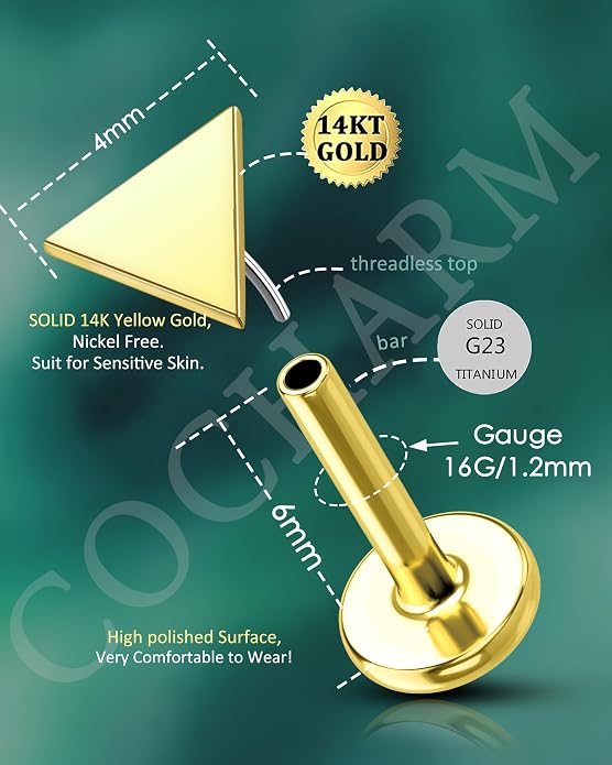 COCHARM 14K Real Gold Helix Tragus Cartilage Piercing Jewelry-Titanium Post-Threadless Tragus Conch Cartilage Earring Stud Flat Back 16g Labret Stud 6mm, 8mm Push Pin Triangle Medusa Jewelry