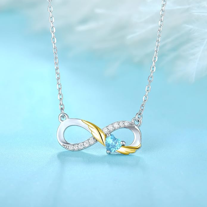 STARCHENIE Infinity Necklace 925 Sterling Silver Angel Wings Heart Birthstone Necklace for Women