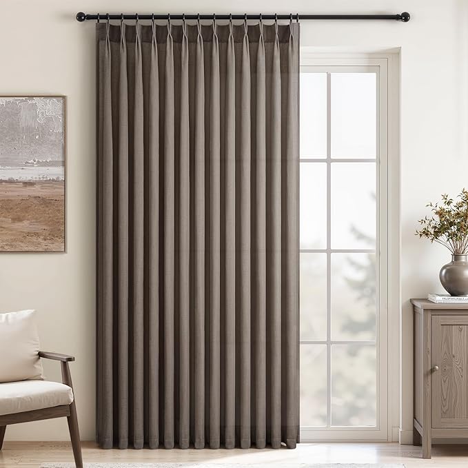 Topfinel 96 Inches Long Pinch Pleated Semi Sheer Curtains,Dark Flax Blended Light Filtering Window Curtains 96 Length for Living Room Bedroom Pinch Pleat Drapes with Hooks 1 Panels 72" Wx96 L