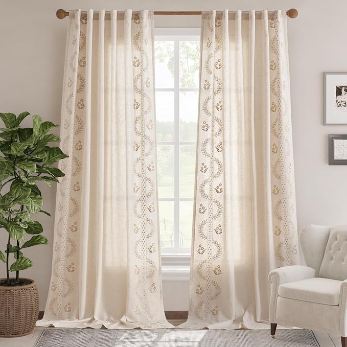 jinchan Floral Linen Curtains 108 Inch Farmhouse Back Tab 2 Panels Beige | Embroidered curtains,boho curtains,living room,bedroom,light filtering,privacy,flower patterned drapes,window treatment