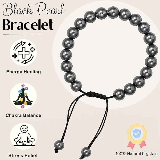Amazing Gemstone Black Pearl Bracelet for Women Men's Gifts - Protection Healing Crystal Bracelet - 8mm Gemstone Beaded Adjustable Bracelet Pulseras para Hombres Mujer Stocking Stuffers