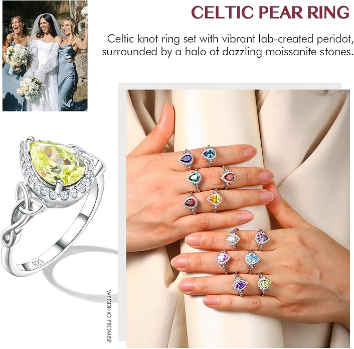 DAYBYDAY Celtic Birthstone Rings for Women 925 Sterling Silver Heart/Round/Pear/Oval Created Gemstone Moissanite Halo Engagement Promise Rings for Her Wife Birthday Anniversary Wedding Jewelry