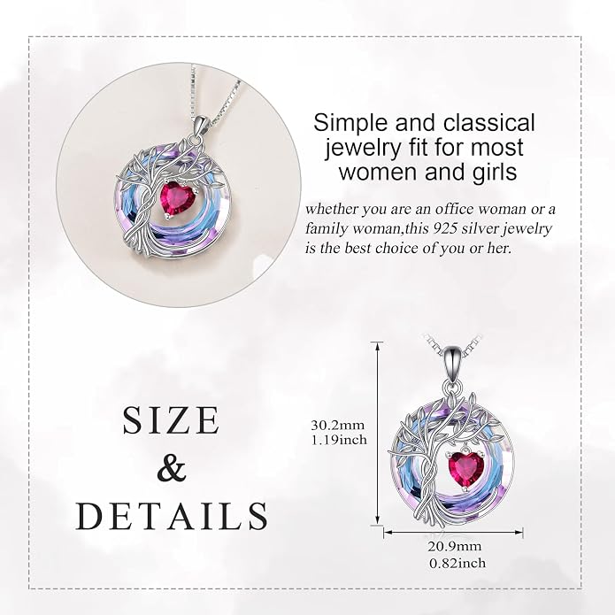 POPLYKE Mothers Day Gifts for Mom Her Wife Tree of Life Necklace 925 Sterling Silver Birthstone Pendant with Crystal Anniversary Birthday Wedding Jewelry for Women