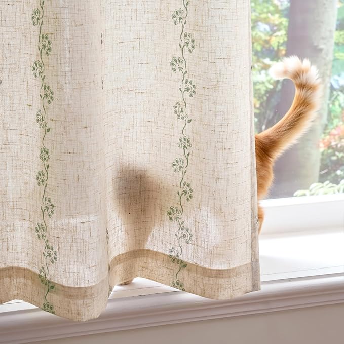Lazzzy Cathy Linen Floral Curtains 63 inch Length for Kitchen Cute Privacy Curtains for Kids Room Rod Pocket Back Tab Light Filtering Drapes Farmhouse Cottage Core Decor 50"x63" Sage Green on Linen