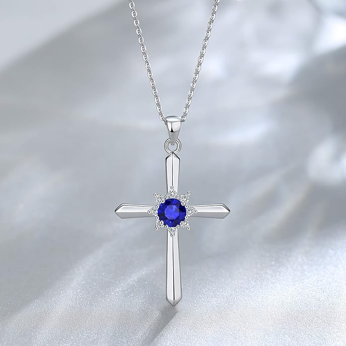 FANCIME Birthstone Cross Necklace for Women Sterling Silver Birthstone Necklace Halo Infinity Cross Pendant Necklace Fine Jewelry Valentines Day Gifts Birthday Holiday Gifts for Her, 16"+2" Inches