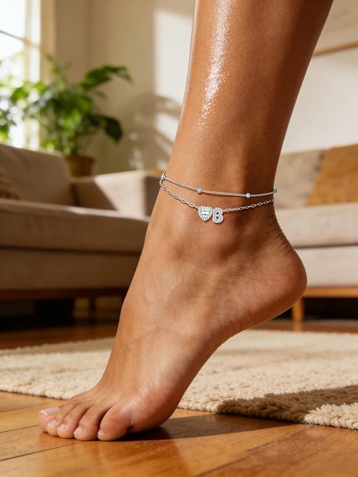 Bestyle Initial Anklet Bracelets for Women Waterproof Non Tarnish 14K Gold/White Gold Plated CZ Anklets for Women Dainty Layered Letter Heart Ankle Bracelets Adjustable Foot Chain Anklet