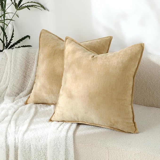 Stellhome Pack of 2 Soft Textured Throw Decorative Pillow Covers Square Accent Solid Chenille Cushion Cover Cozy Farmhouse Pillow Case for Couch Sofa Bedroom Living Room 26x26 Inch, Yellow