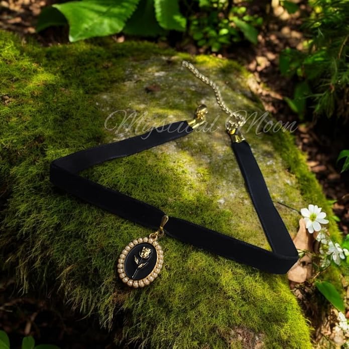 Victorian Gothic Black Velvet Choker with Oval Pearl & Rose Black Pendant Vintage Witchy Wiccan Handmade Jewelry Necklace Gothic Gift for Her