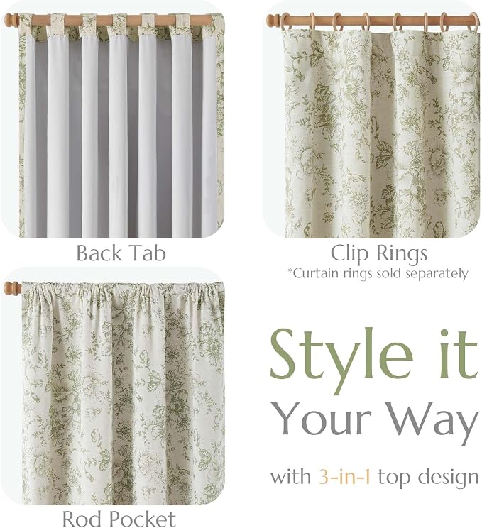 jinchan Green Floral Linen Blackout Curtains 63 Inch Back Tab 2 Panels | Blackout lining, room darkening drapes, farmhouse, vintage, cottagecore, rustic, bedroom, living room, window treatment