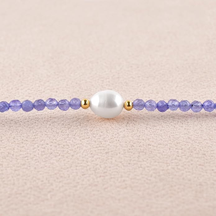 InfinityGemsArt Gemstone Gold Necklace For Women, Birthstone Natural Crystal Stone With Freshwater Pearl Beaded Jewelry, Gold Plated 18 Inch Chain