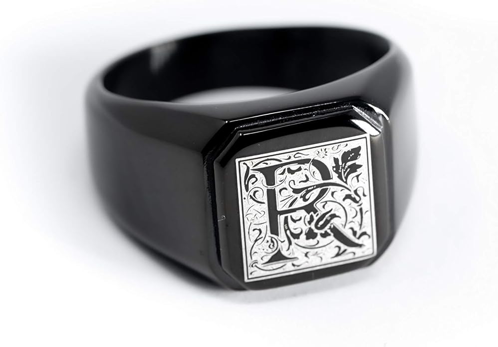 Jewelry | Stainless Steel Letter Alphabet Initial Ring | Square Flat Top Ring for Men & Women | Stainless Steel Jewelry, (Black, Gold, Silver), Size 7-16
