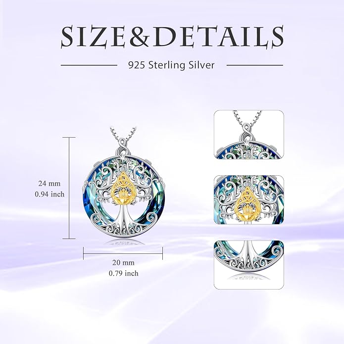 TOUPOP Tree of Life Necklace 925 Sterling Silver Celtic Knot Tree Pendant Jewelry with Blue Crystal Christmas Gifts for Women