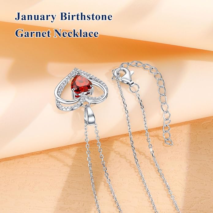 Anniversary Charm Necklace, Sterling Silver 14K Gold Plated Chain with Interlocking Heart Pendant Elegant Birthstone Necklaces for Women, Length 18"