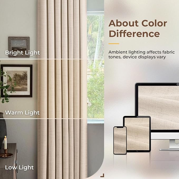 INOVADAY 100% Blackout Curtains for Bedroom, Oatmeal Black Out Curtains 90 Inch Long, Clip Rings Linen Blackout Drapes, Thermal Insulated Room Darkening for Living Room, 2 Panels - W50xL90