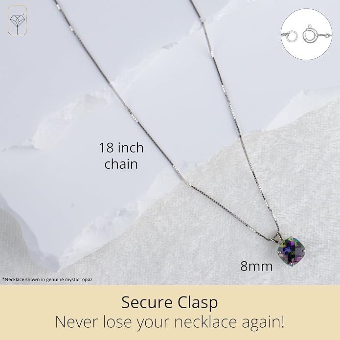 MAX + STONE Cushion Cut Gemstone Necklace | 8mm Solitaire Birthstone Necklace for Women | Gemstone Pendant Necklaces with 18 inch Box Chain